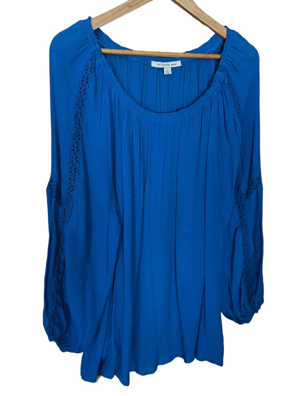 Zac & Rachel Woman Blue Peasant Blouse - Crochet Womens 1X Top